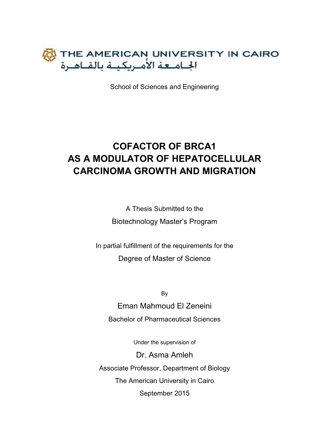 Cofactor of Brca1 As a Modulator of Hepatocellular Carcinoma Growth and Migration