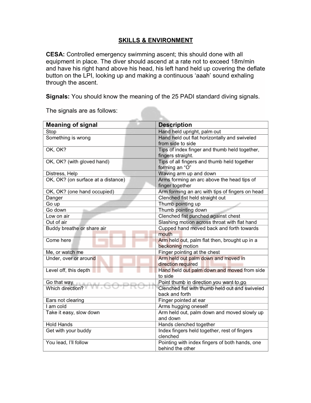 SKILLS & ENVIRONMENT CESA: Controlled Emergency Swimming Ascent