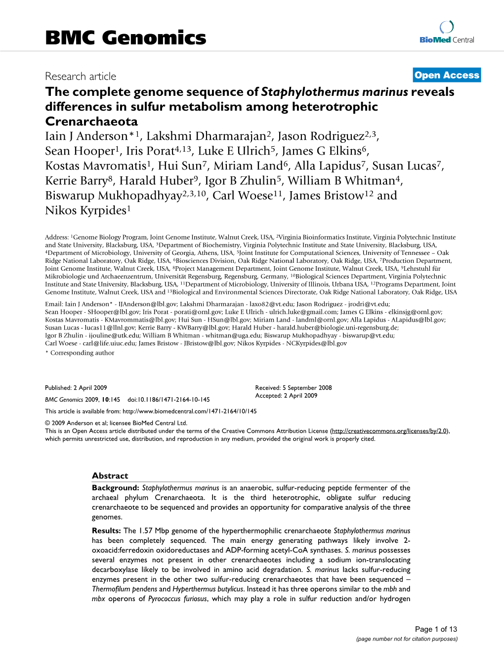 The Complete Genome Sequence of Staphylothermus Marinus Reveals