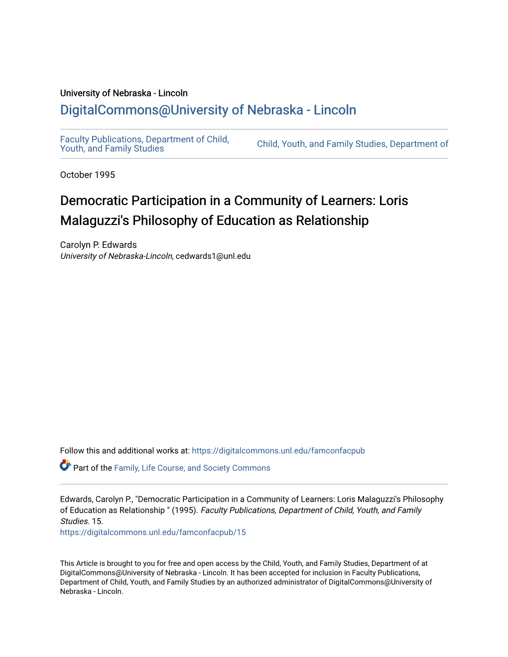 Loris Malaguzzi's Philosophy of Education As Relationship