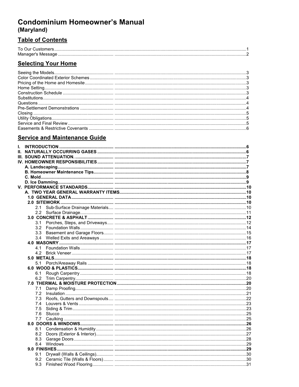 Condominium Homeowner's Manual