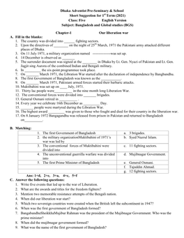 Dhaka Adventist Pre-Seminary & School Short Suggestion for 1 Term