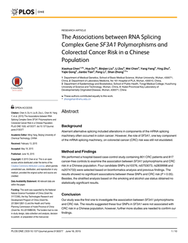 The Associations Between RNA Splicing Complex Gene SF3A1 Polymorphisms and Colorectal Cancer Risk in a Chinese Population