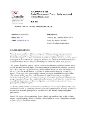 SOCIOLOGY 425 Social Movements: Power, Resistance, and Political Dynamics