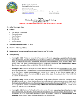 Agenda Madison County Zoning Board of Appeals Meeting April 27, 2021 at 5:00 P.M. *VIRTUAL & IN-PERSON MEETING – SEE IMPOR