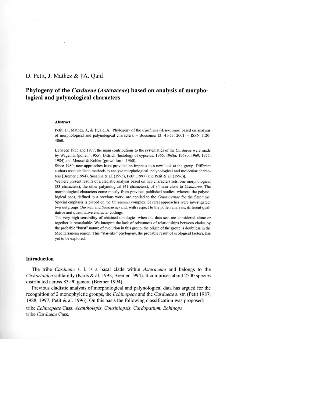 Asteraceae) Based on Analysis of Morpho­ Logical and Palynological Characters