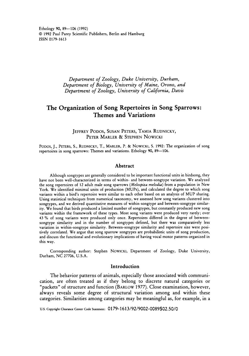 The Organization of Song Repertoires in Song Sparrows: Themes and Variations