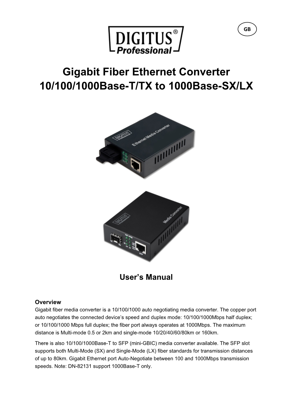 Gigabit Fiber Ethernet Converter 10/100/1000Base-T/TX to 1000Base-SX/LX