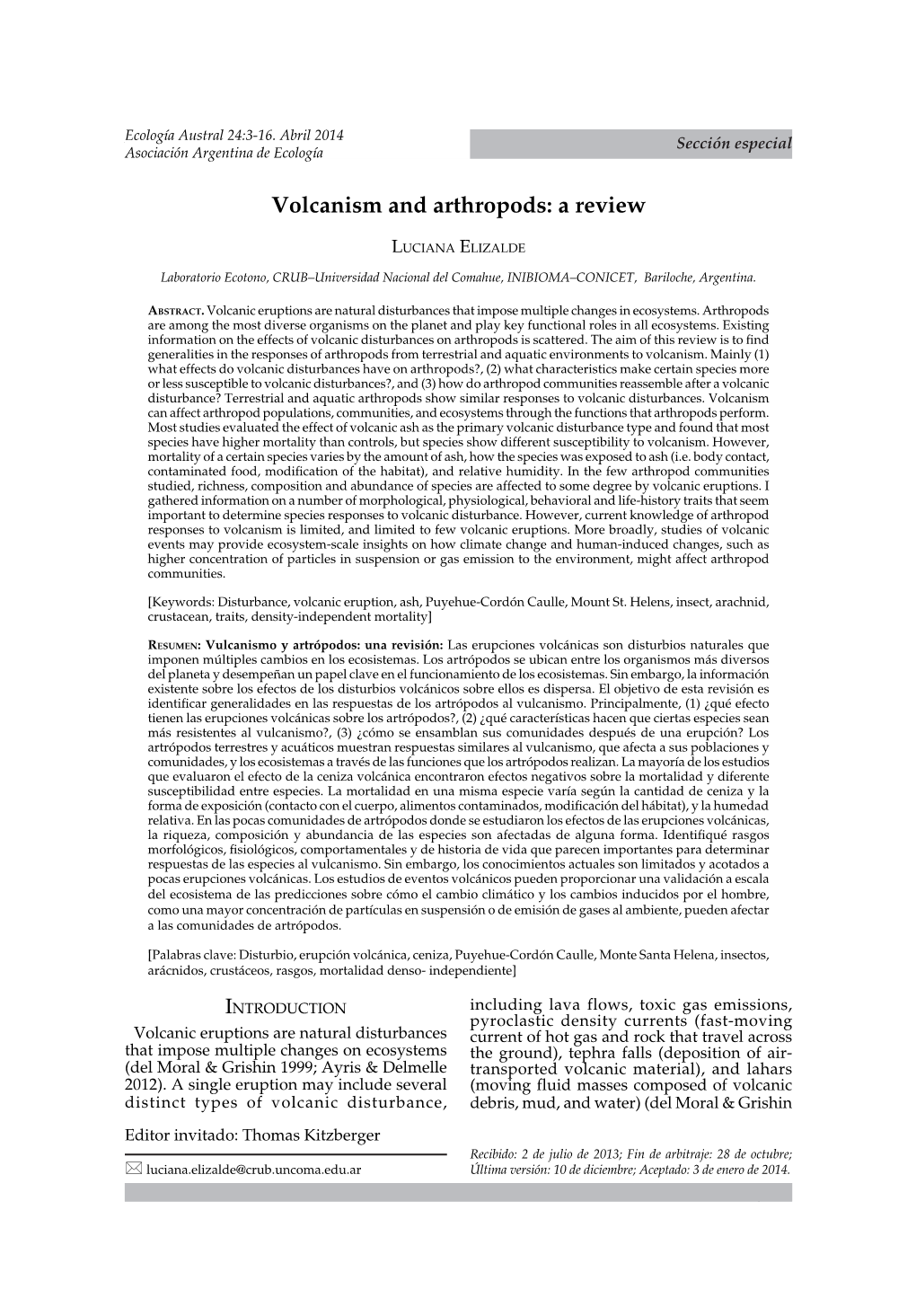 VOLCANISM and ARTHROPODS Sección Especial3 Asociación Argentina De Ecología