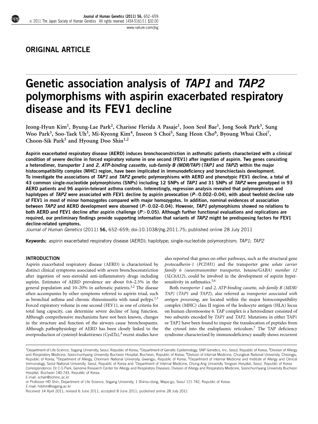 Genetic Association Analysis of TAP1 and TAP2 Polymorphisms with Aspirin Exacerbated Respiratory Disease and Its FEV1 Decline