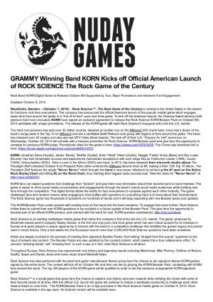 GRAMMY Winning Band KORN Kicks Off Official American Launch of ROCK SCIENCE the Rock Game of the Century