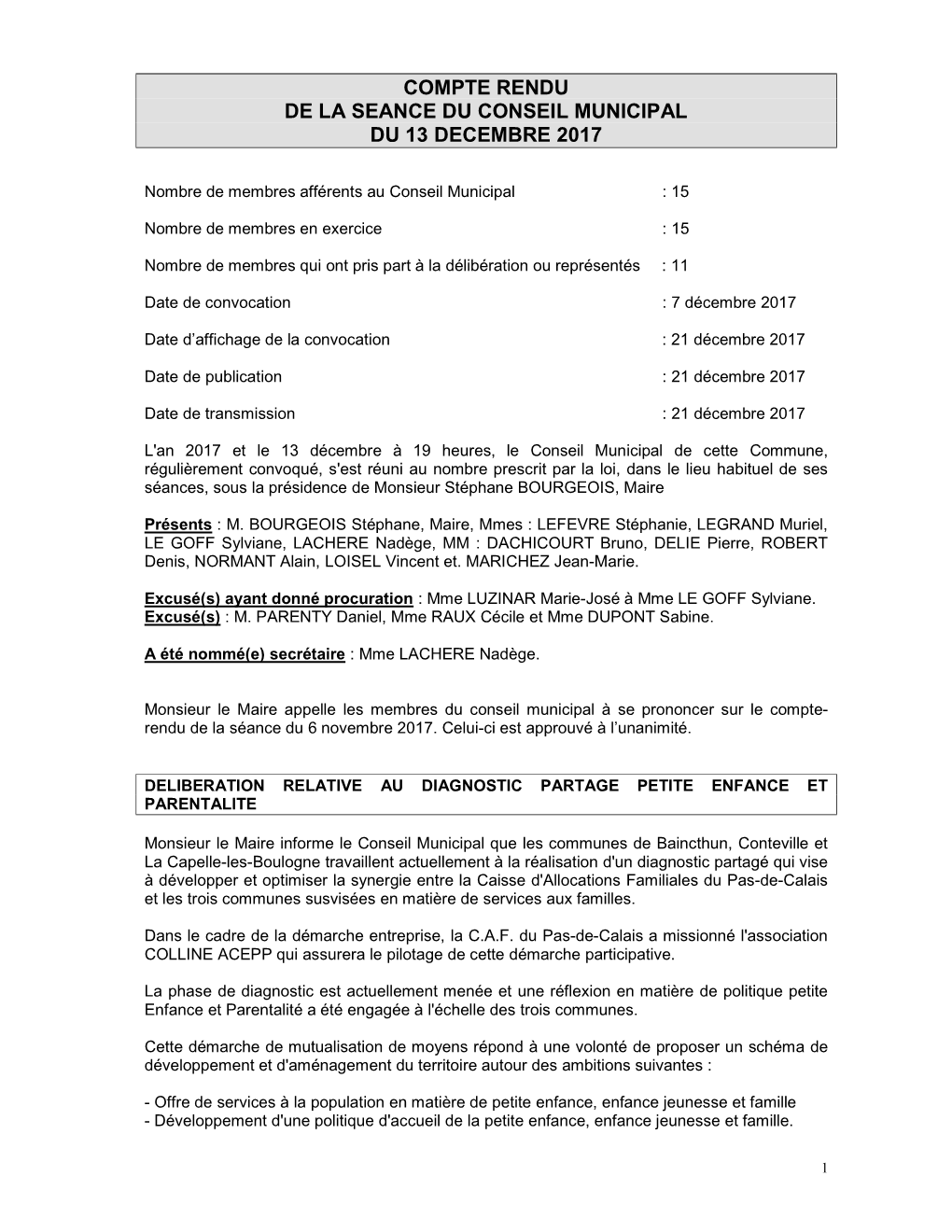 Compte Rendu De La Seance Du Conseil Municipal Du 13 Decembre 2017