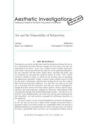 Aesthetic Investigations Vol 1, No 1 (2016), I-Ix Art and the Vulnerability of Subjectivity