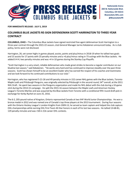 Columbus Blue Jackets Re-Sign Defenseman Scott Harrington to Three-Year Contract