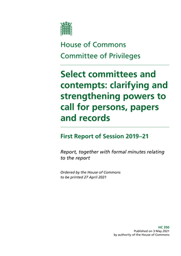 Select Committees and Contempts: Clarifying and Strengthening Powers to Call for Persons, Papers and Records