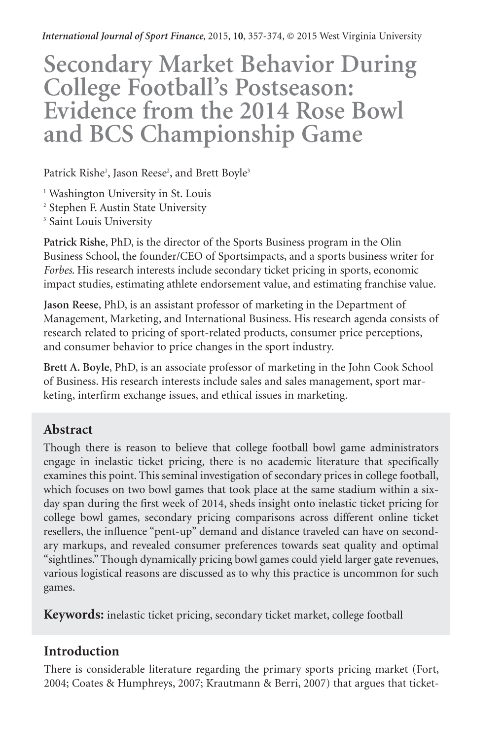 Secondary Market Behavior During College Football’S Postseason: Evidence from the 2014 Rose Bowl and BCS Championship Game
