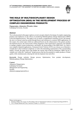 The Role of Multidisciplinary Design Optimization (Mdo) in the Development Process of Complex Engineering Products