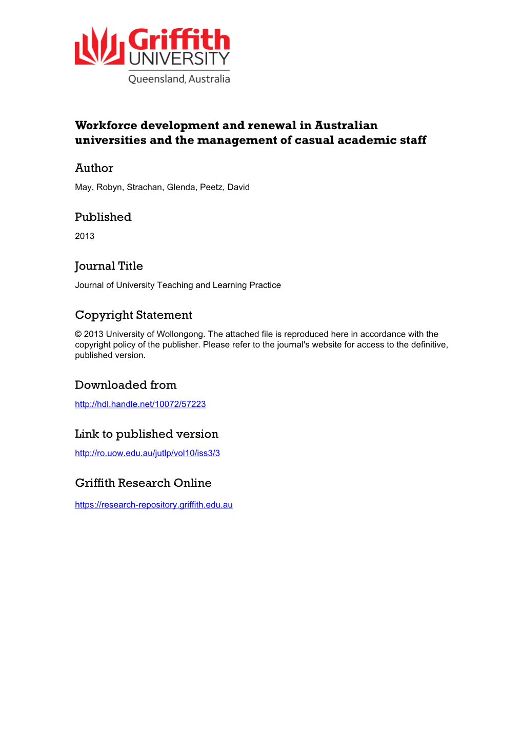 Workforce Development and Renewal in Australian Universities and the Management of Casual Academic Staff