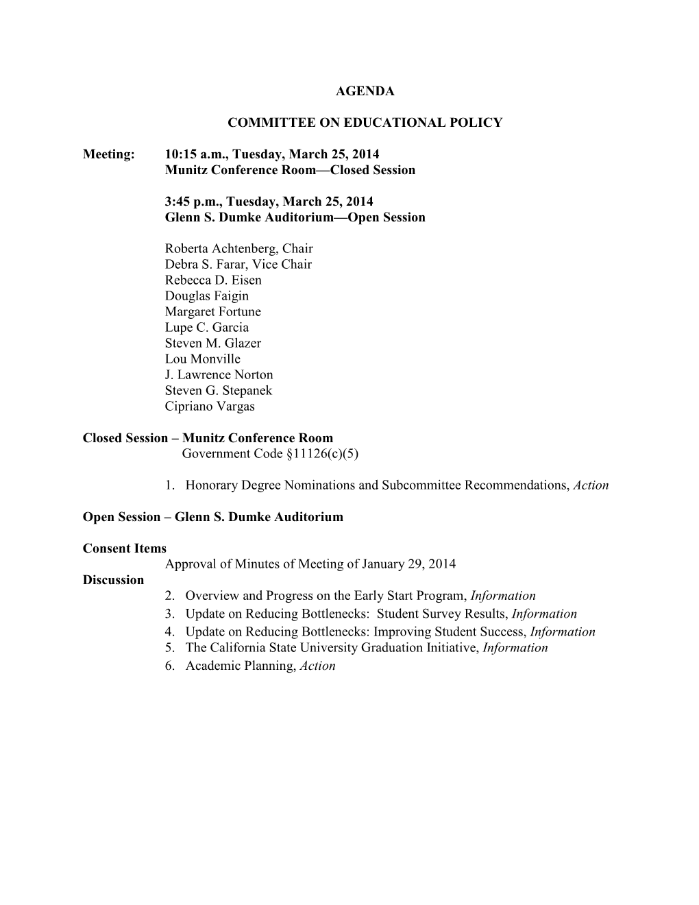 AGENDA COMMITTEE on EDUCATIONAL POLICY Meeting