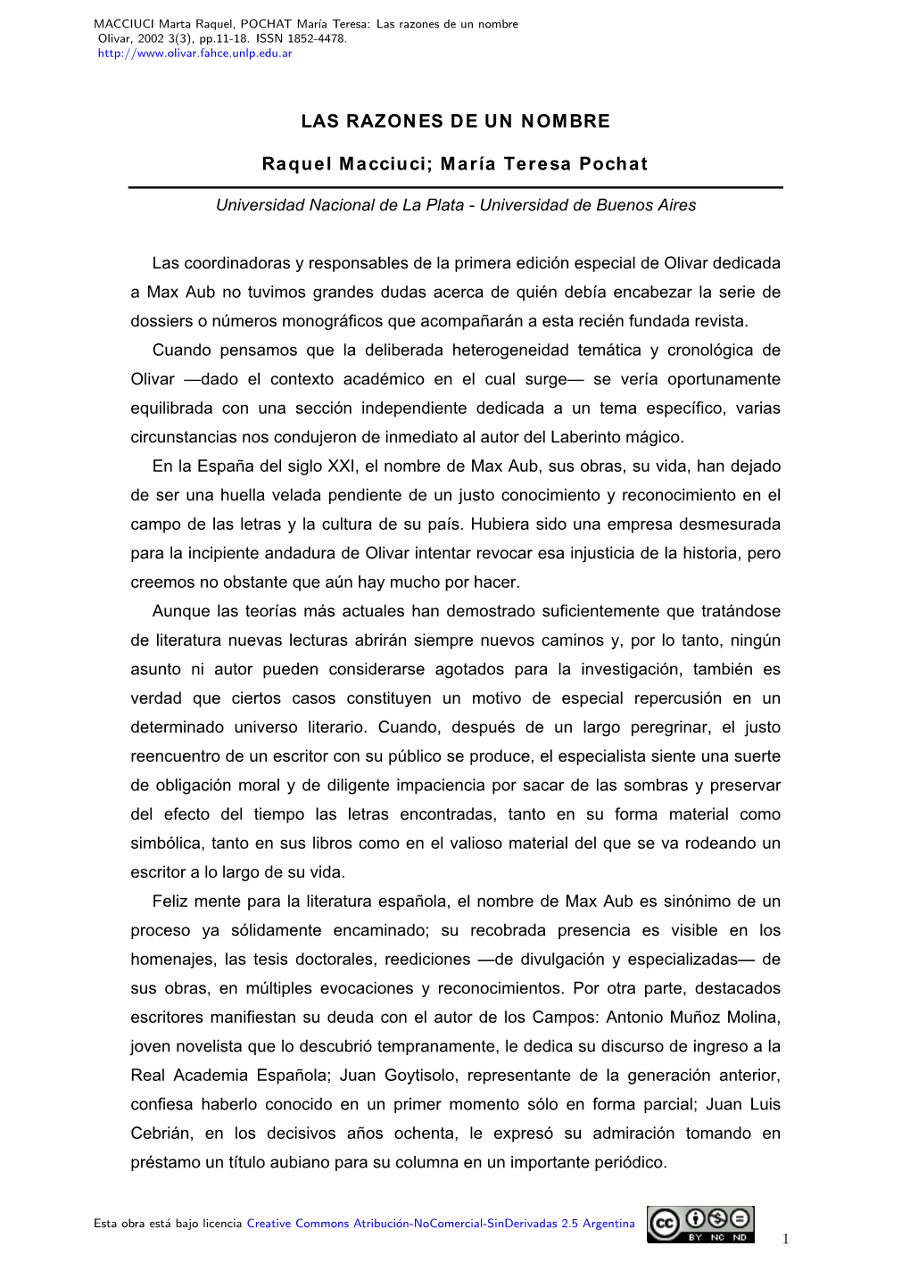 Las Razones De Un Nombre Olivar, 2002 3(3), Pp.11-18
