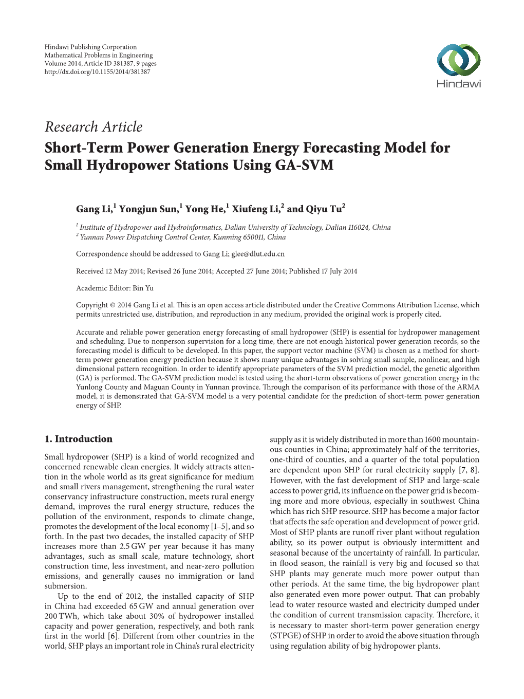 Short-Term Power Generation Energy Forecasting Model for Small Hydropower Stations Using GA-SVM