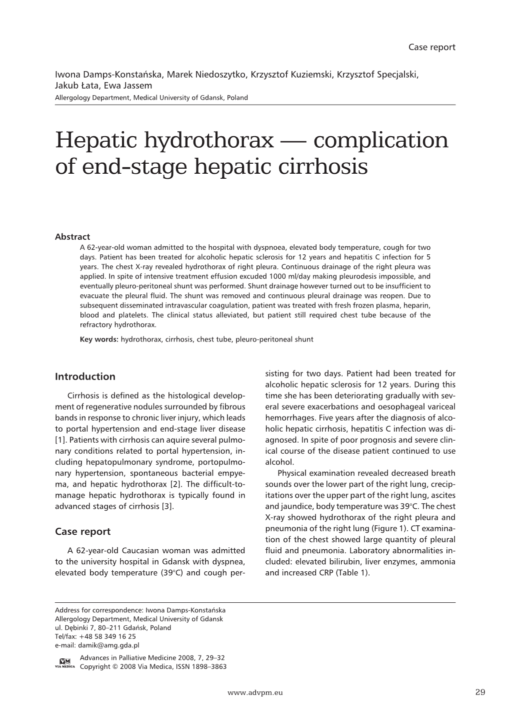 Hepatic Hydrothorax — Complication of End-Stage Hepatic Cirrhosis