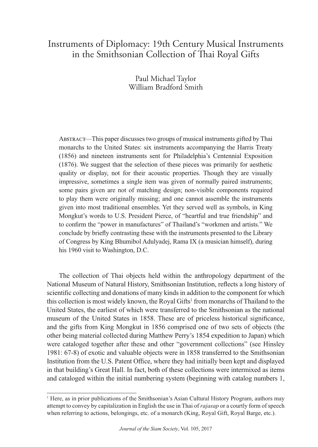 19Th Century Musical Instruments in the Smithsonian Collection of Thai Royal Gifts