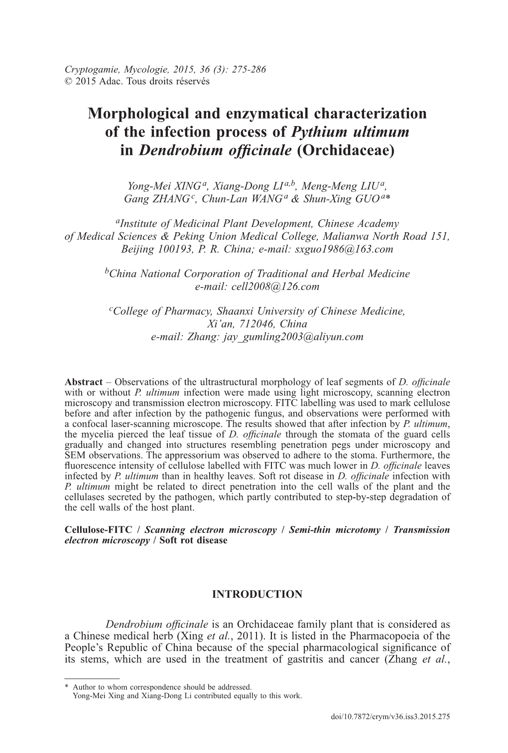 Morphological and Enzymatical Characterization of the Infection Process of Pythium Ultimum in Dendrobium Officinale (Orchidaceae)