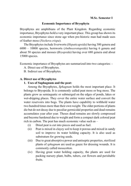 Economic Importance of Bryophyta Bryophytes Are Amphibians of the Plant Kingdom