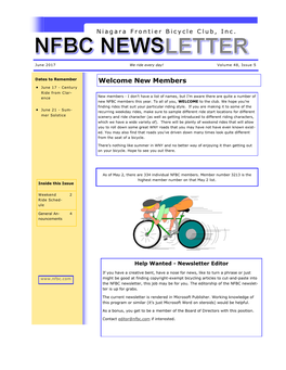 New Members  June 17 - Century Ride from Clar- Ence New Members - I Don’T Have a List of Names, but I’M Aware There Are Quite a Number of New NFBC Members This Year