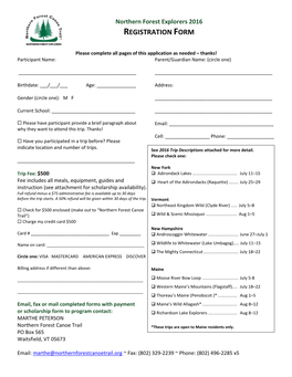 Northern Forest Explorers 2016 REGISTRATION FORM