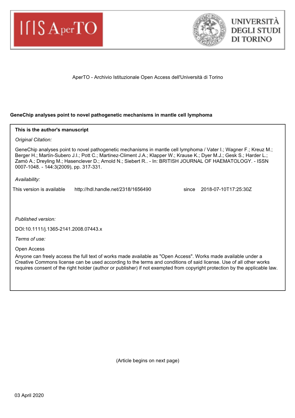 Archivio Istituzionale Open Access Dell'università Di Torino Genechip