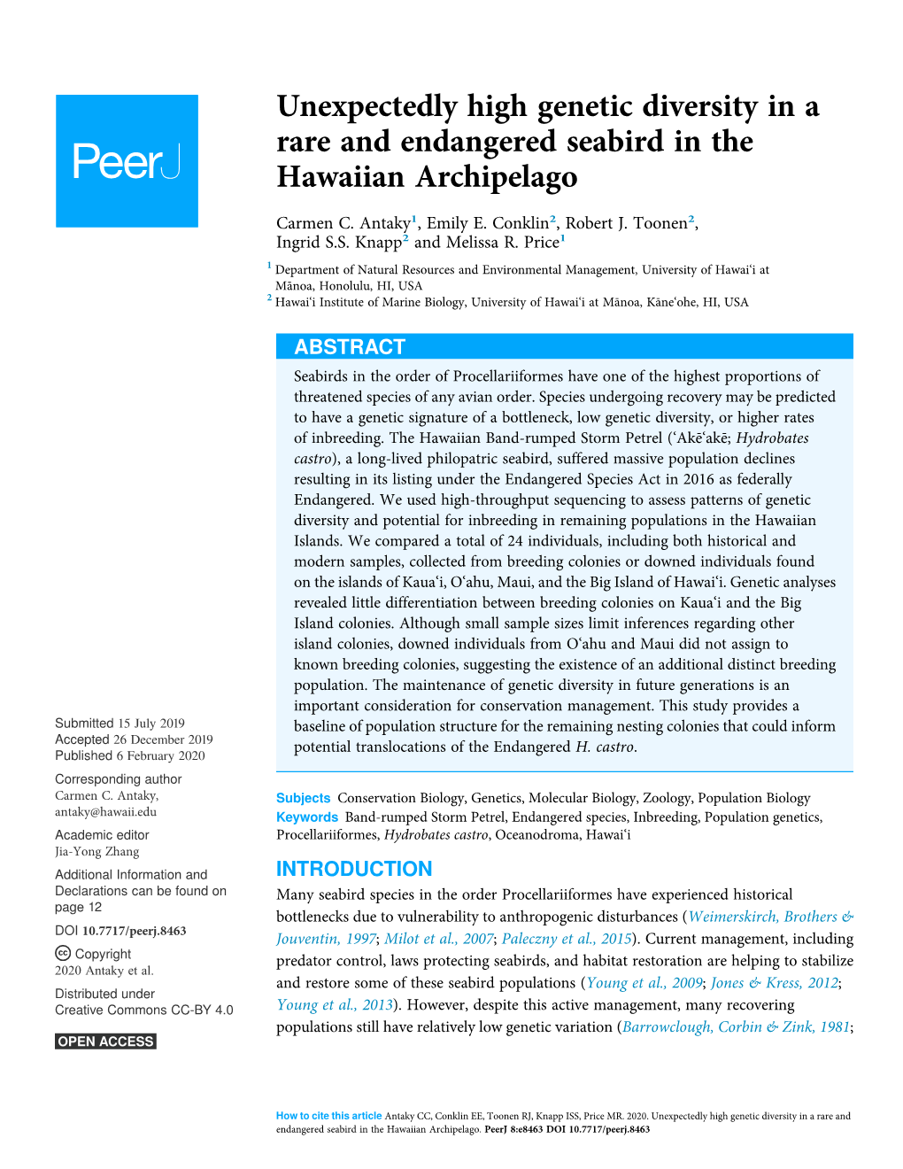 Unexpectedly High Genetic Diversity in a Rare and Endangered Seabird in the Hawaiian Archipelago