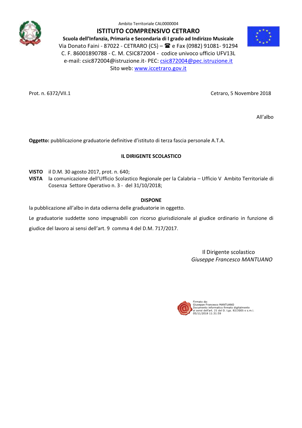 ISTITUTO COMPRENSIVO CETRARO Scuola Dell’Infanzia, Primaria E Secondaria Di I Grado Ad Indirizzo Musicale