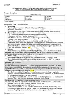 Minutes for the Monthly Meeting of Llantrisant Community Council Held at Caerlan Hall, Llantrisant on 12 March 2019 at 6.30Pm