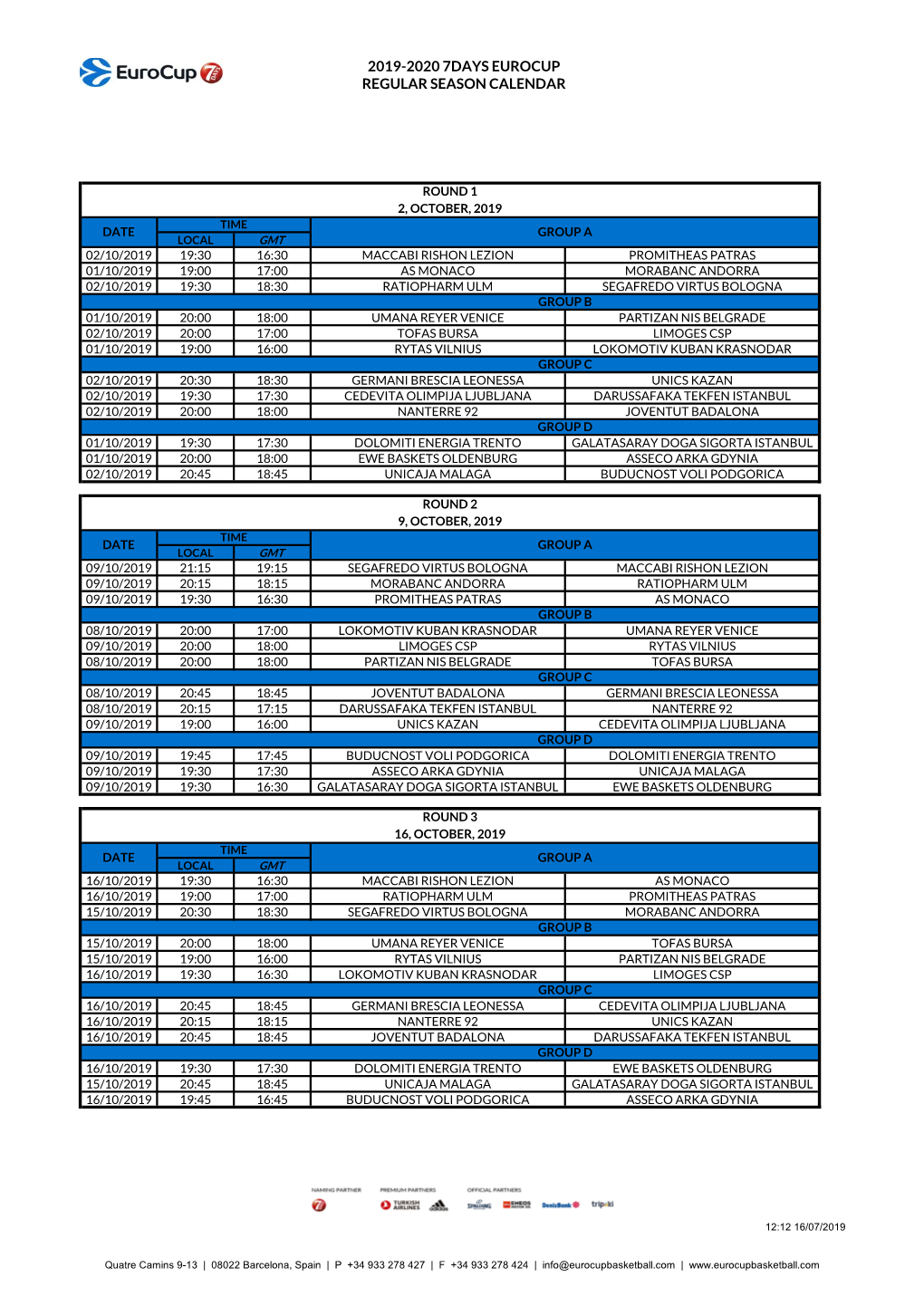 2019-2020 7Days Eurocup Regular Season Calendar