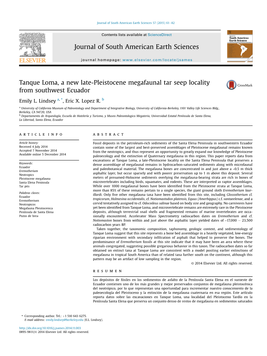 Tanque Loma, a New Late-Pleistocene Megafaunal Tar Seep Locality from Southwest Ecuador