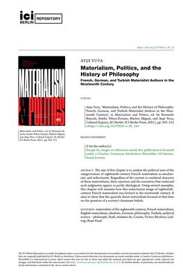 Materialism, Politics, and the History of Philosophy French, German, and Turkish Materialist Authors in the Nineteenth Century