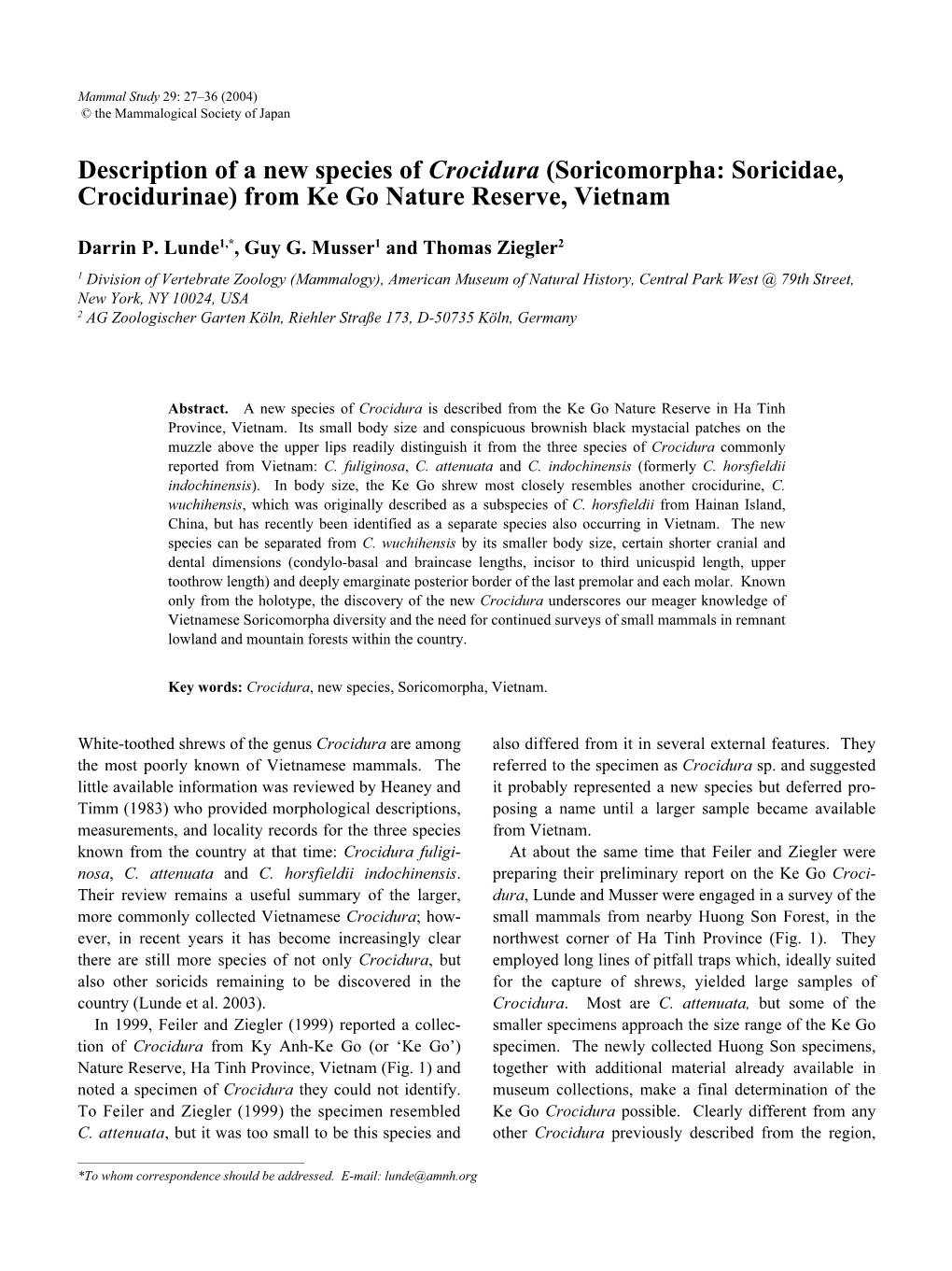 Description of a New Species of Crocidura (Soricomorpha: Soricidae, Crocidurinae) from Ke Go Nature Reserve, Vietnam