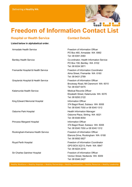 Freedom of Information Contact List Hospital Or Health Service Contact Details