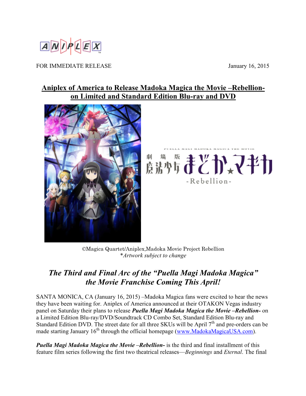 Puella Magi Madoka Magica” the Movie Franchise Coming This April!