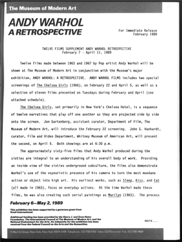ANDY WARHOL for Immediate Release a RETROSPECTIVE February 1989