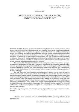 Augustus, Agrippa, the Ara Pacis, and the Coinage of 13 Bc