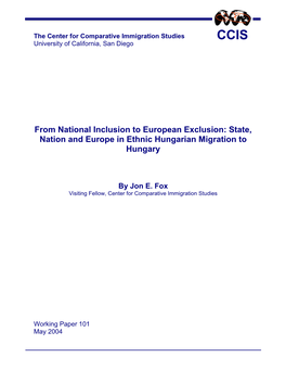State, Nation and Europe in Ethnic Hungarian Migration to Hungary