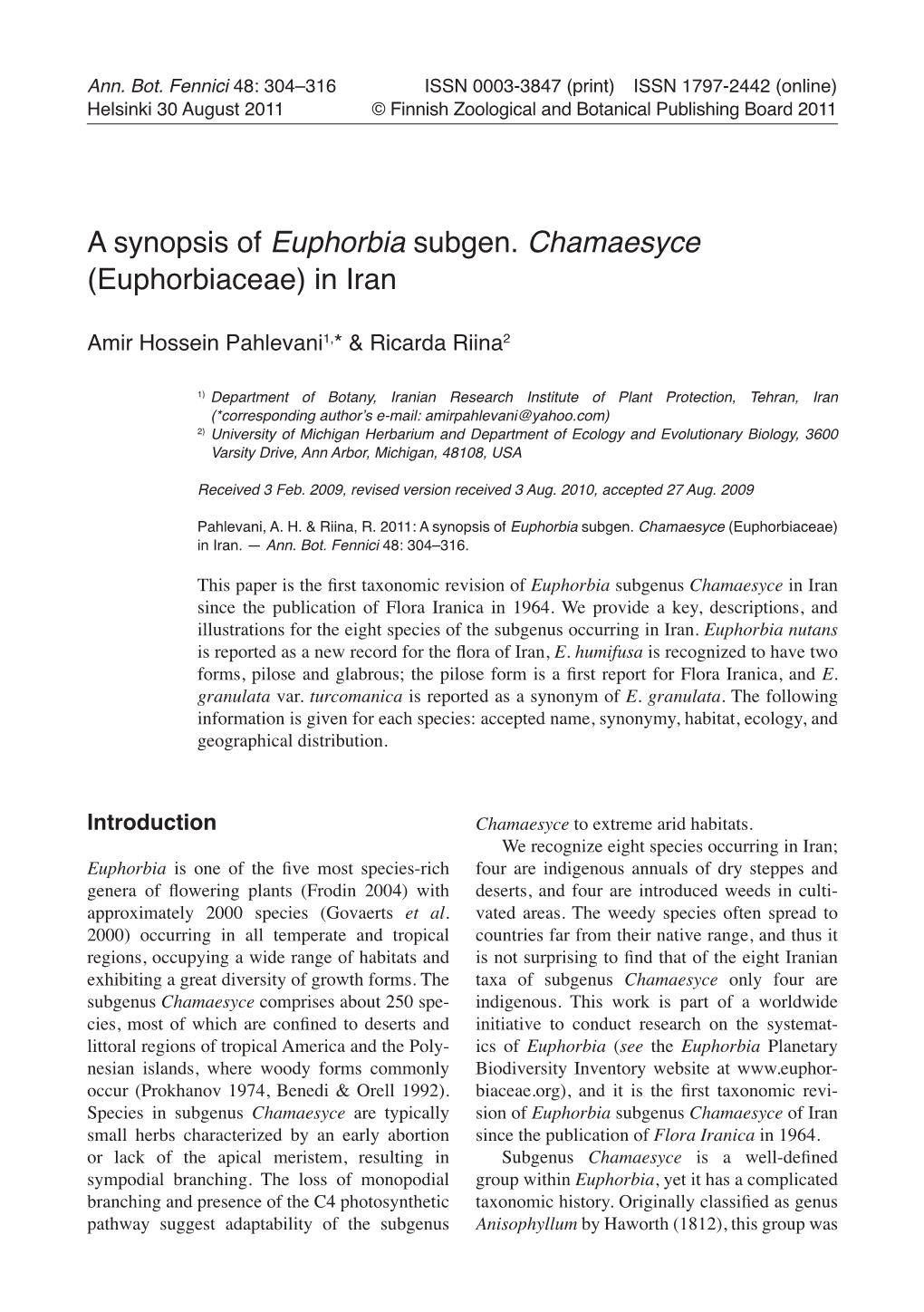 A Synopsis of Euphorbia Subgen. Chamaesyce (Euphorbiaceae) in Iran