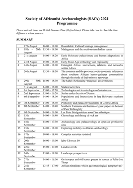 Society of Africanist Archaeologists (Safa) 2021 Programme