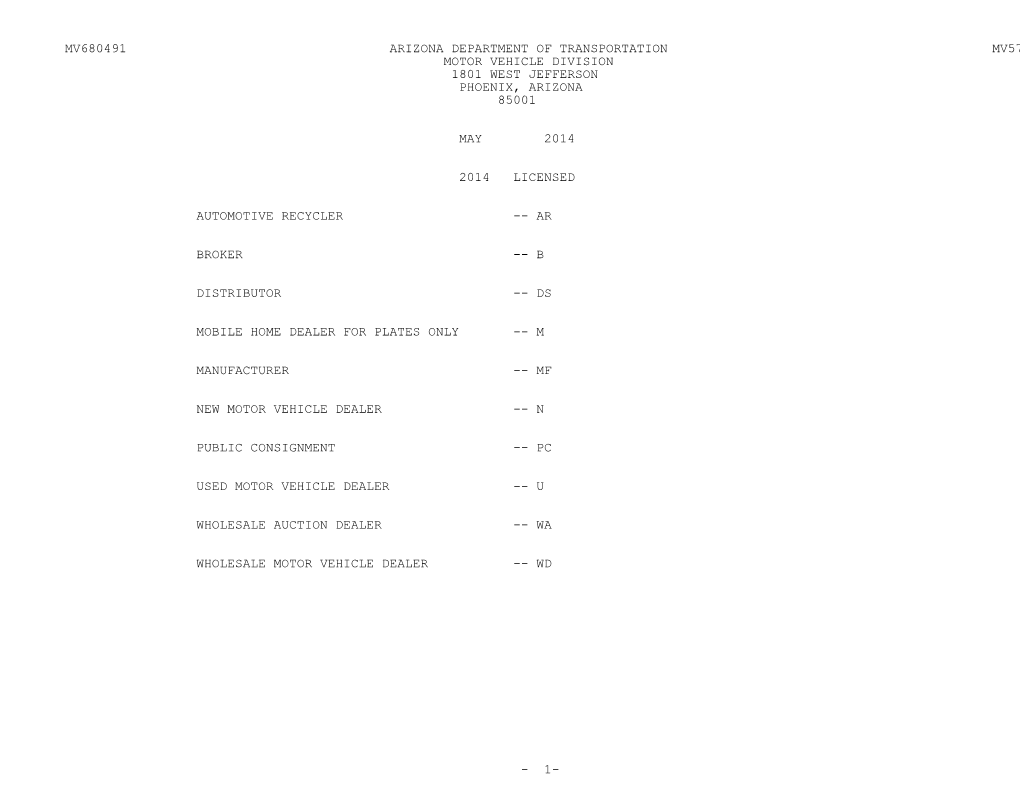 Mv680491 Arizona Department of Transportation Mv579d Motor Vehicle Division 1801 West Jefferson Phoenix, Arizona 85001
