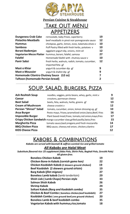 Take out MENU APPETIZERS SOUP, SALAD, Burgers, Pizza Kabobs