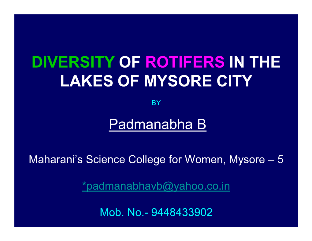 Diversity of Rotifers in the Lakes of Mysore City