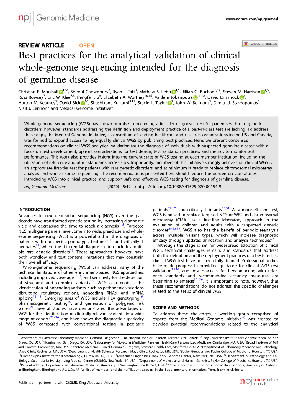 Best Practices for the Analytical Validation of Clinical Whole-Genome Sequencing Intended for the Diagnosis of Germline Disease ✉ Christian R